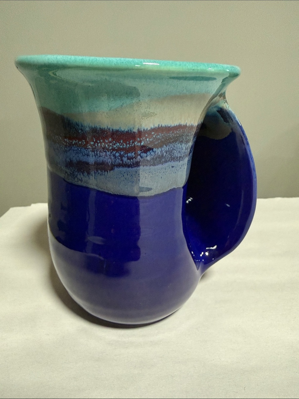 Neher Signed Blue Green Hand Warmer Right Hand Pottery Mug Clay in Motion